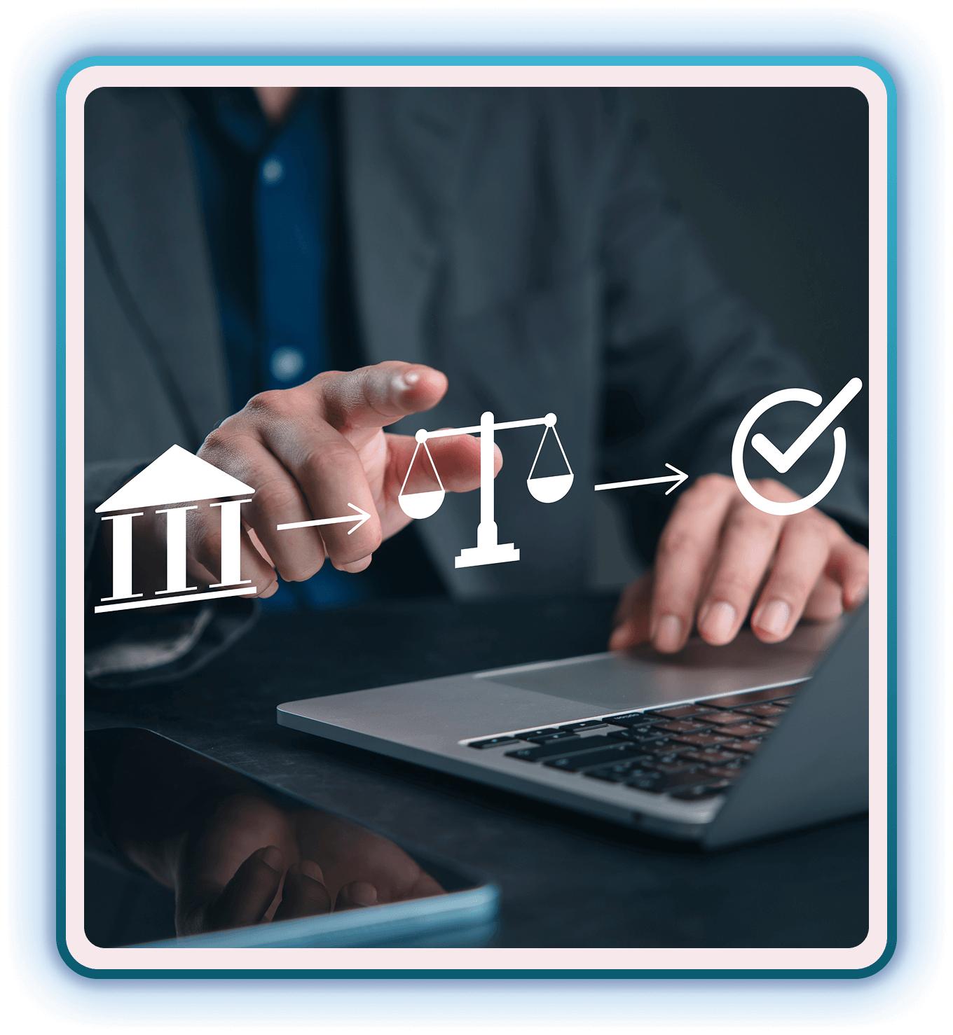 Lawyer using laptop with justice symbols